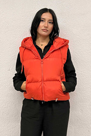 Kapşon Detaylı Şişme Yelek Turuncu