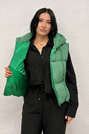 Kapşon Detaylı Şişme Yelek Yeşil