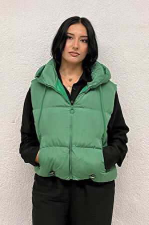 Kapşon Detaylı Şişme Yelek Yeşil