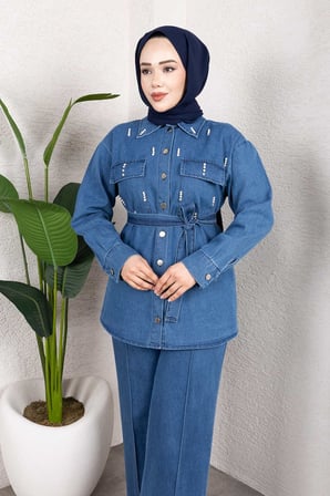 Taş Detaylı Kuşaklı Denim Tesettür Takım Açık Mavi