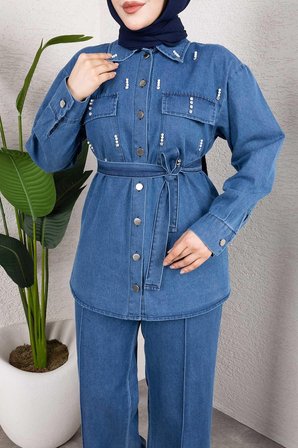 Taş Detaylı Kuşaklı Denim Tesettür Takım Açık Mavi