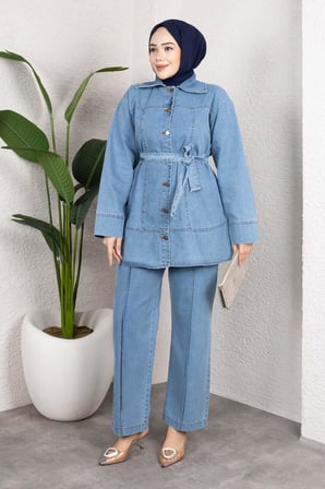 Kuşaklı Düğmeli Denim Takım – Rahat Kesim İkili Kombin Buz Mavisi