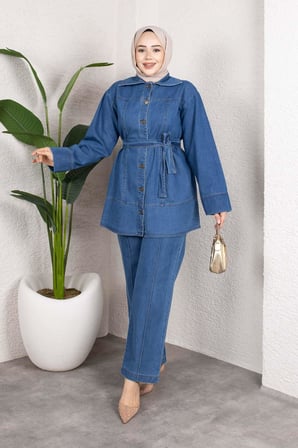 Kuşaklı Düğmeli Denim Takım – Rahat Kesim İkili Kombin Açık Mavi