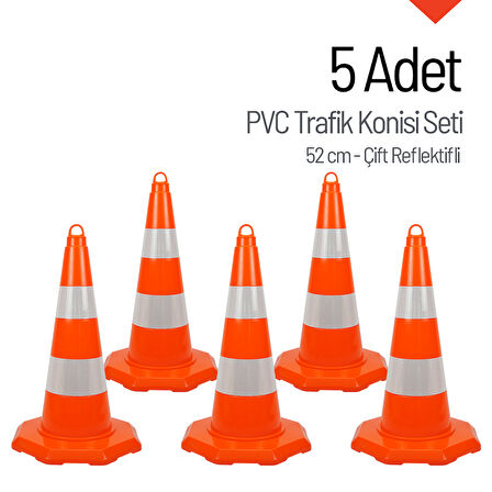 5 Adet PVC Trafik Konisi 52 cm Çift Reflektifli Trafik Dubası Seti