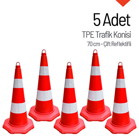 5'li TPE Trafik Konisi Seti 70 cm Çift Reflektifli Trafik Dubası