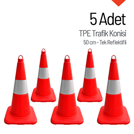 5'li TPE Trafik Konisi Seti 50 cm Tek Reflektifli Trafik Dubası