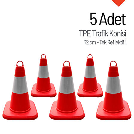5'li TPE Trafik Konisi Seti 32 cm Tek Reflektifli Trafik Dubası