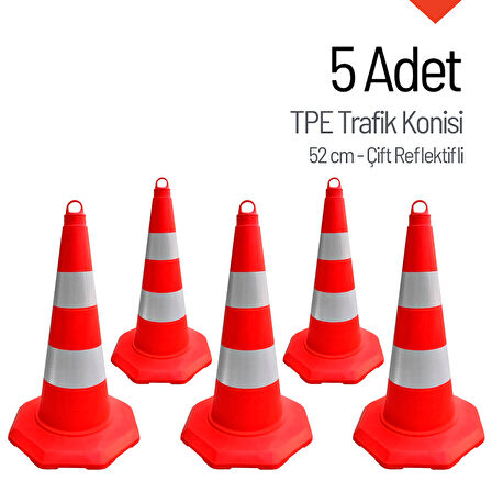 5'li TPE Trafik Konisi Seti 52 cm Çift Reflektifli Trafik Dubası