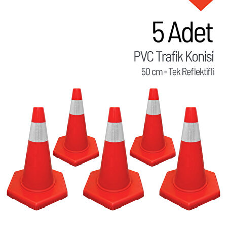 5'li PVC Trafik Konisi Seti 50 cm Tek Reflektifli Trafik Dubası
