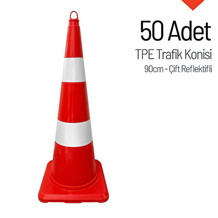 50 Adet TPE Trafik Konisi 90 cm Çift Reflektifli Trafik Dubası Seti