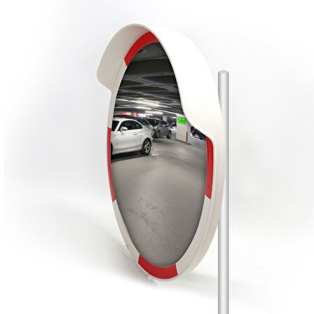 Trafik Güvenlik Aynası 60 cm Kırmızı-Beyaz ve 2 m Galvaniz Flanşlı Direk Set