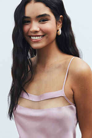 Aveugle Tül Detaylı Gül Kurusu Askılı Kısa Saten Gecelik