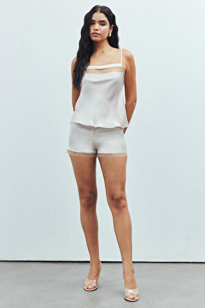 Nuit Tül Detaylı Taş Askılı Saten Pijama Takımı