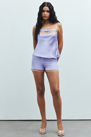 Nuit Tül Detaylı Lila Askılı Saten Pijama Takımı