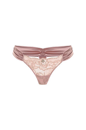 Camile Gül Kurusu Saten Büzgülü Dantelli Tanga