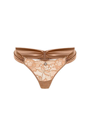 Camile Kahve Saten Büzgülü Dantelli Tanga