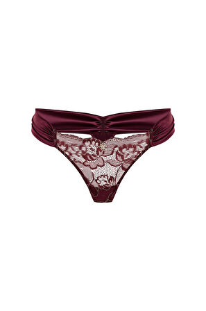 Camile Bordo Saten Büzgülü Dantelli Tanga