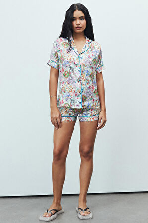 Amoureux Petit Desenli Kısa Saten Pijama Takımı