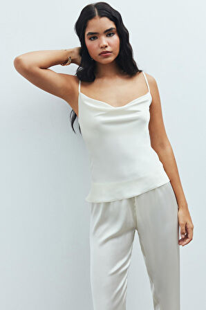 Brûleur Ekru Degaje Yaka Askılı Uzun Saten Pijama Takımı