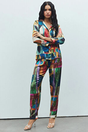 Amour Coloré Desenli Uzun Saten Pijama Takımı