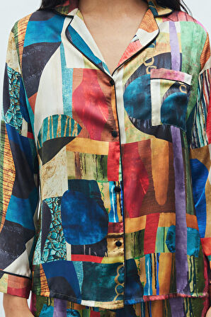 Amour Coloré Desenli Uzun Saten Pijama Takımı