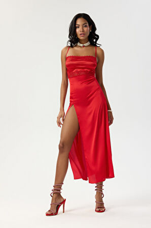 Eclatant Kırmızı Askılı Uzun Saten Gecelik