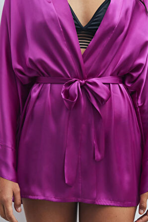 Fumée Fuşya Kısa Saten Sabahlık / Kimono