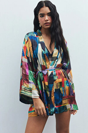 Fumée Coloré Desenli Kısa Saten Sabahlık / Kimono