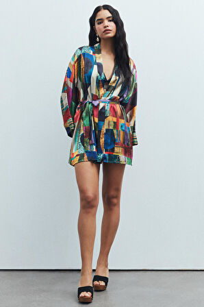 Fumée Coloré Desenli Kısa Saten Sabahlık / Kimono