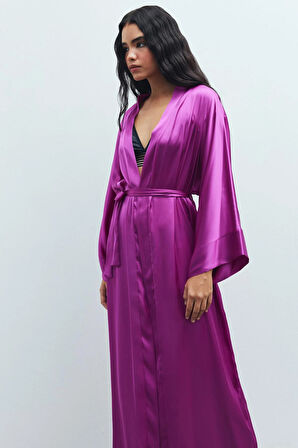 Frappant Fuşya Uzun Saten Sabahlık / Kimono