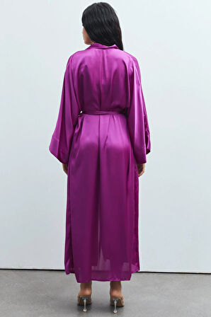 Frappant Fuşya Uzun Saten Sabahlık / Kimono