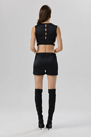 Sensure Siyah Esnek Saten Tül Detaylı Kısa Pijama Takımı