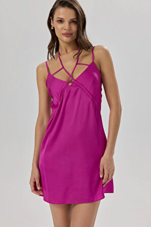 Addria Fuşya Askılı Kısa Saten Gecelik