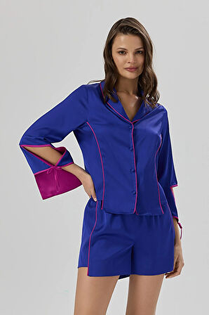 Addria Saks Mavisi Şortlu Saten Pijama Takımı