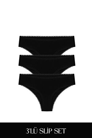 Cotvie Siyah Pamuklu Slip 3'lü Set Külot