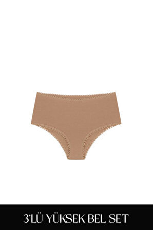 Cotvie Kahve Pamuklu Yüksek Bel 3'lü Set Külot