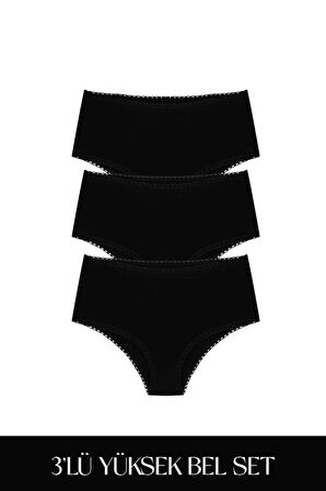 Cotvie Siyah Pamuklu Yüksek Bel 3'lü Set Külot