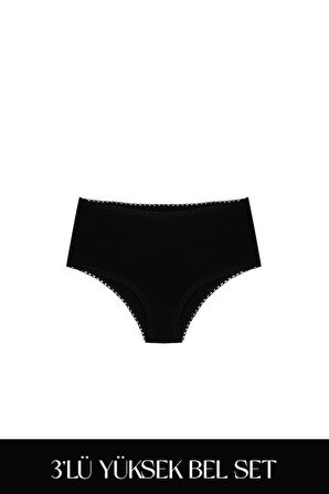 Cotvie Siyah Pamuklu Yüksek Bel 3'lü Set Külot