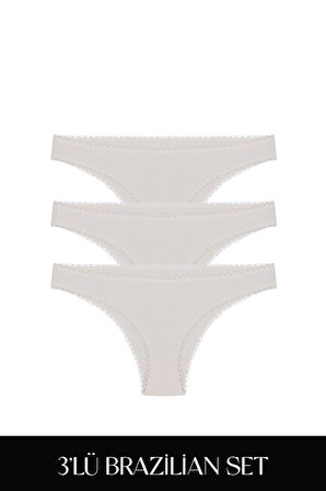 Cotvie Ekru Pamuklu Brazillian 3'lü Set Külot