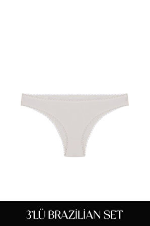 Cotvie Ekru Pamuklu Brazillian 3'lü Set Külot