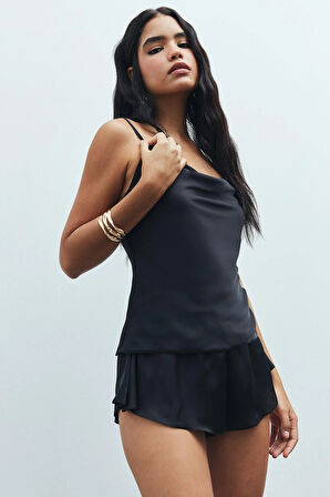 Caché Siyah Degaje Yaka Askılı Kısa Saten Pijama Takımı