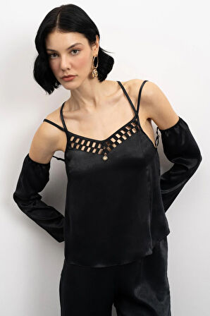 Lax Grogren Detaylı Siyah Uzun Saten Pijama Takımı