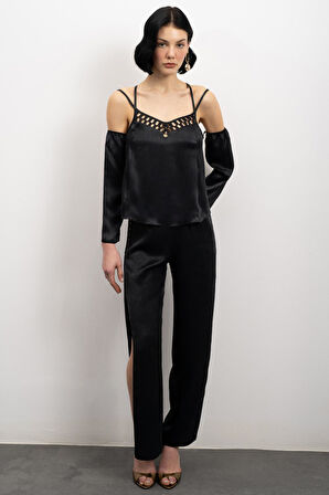 Lax Grogren Detaylı Siyah Uzun Saten Pijama Takımı