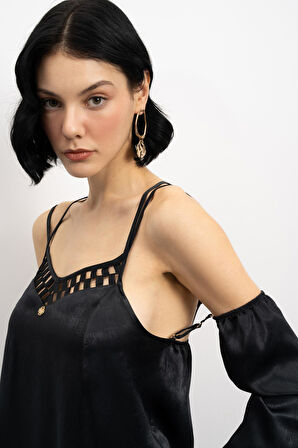 Lax Grogren Detaylı Siyah Uzun Saten Pijama Takımı