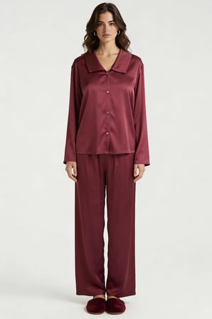 Amoris Bordo Uzun Saten Pijama Takımı