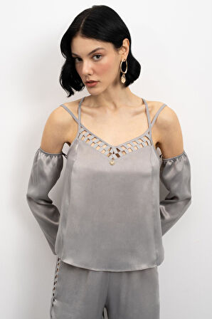 Lax Grogren Detaylı Gri Uzun Saten Pijama Takımı