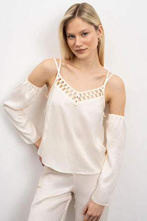 Lax Grogren Detaylı Ekru Uzun Saten Pijama Takımı