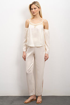 Lax Grogren Detaylı Ekru Uzun Saten Pijama Takımı