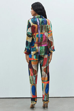 Amour Coloré Desenli Uzun Saten Pijama Takımı