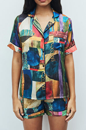 Amoureux Coloré Desenli Kısa Saten Pijama Takımı